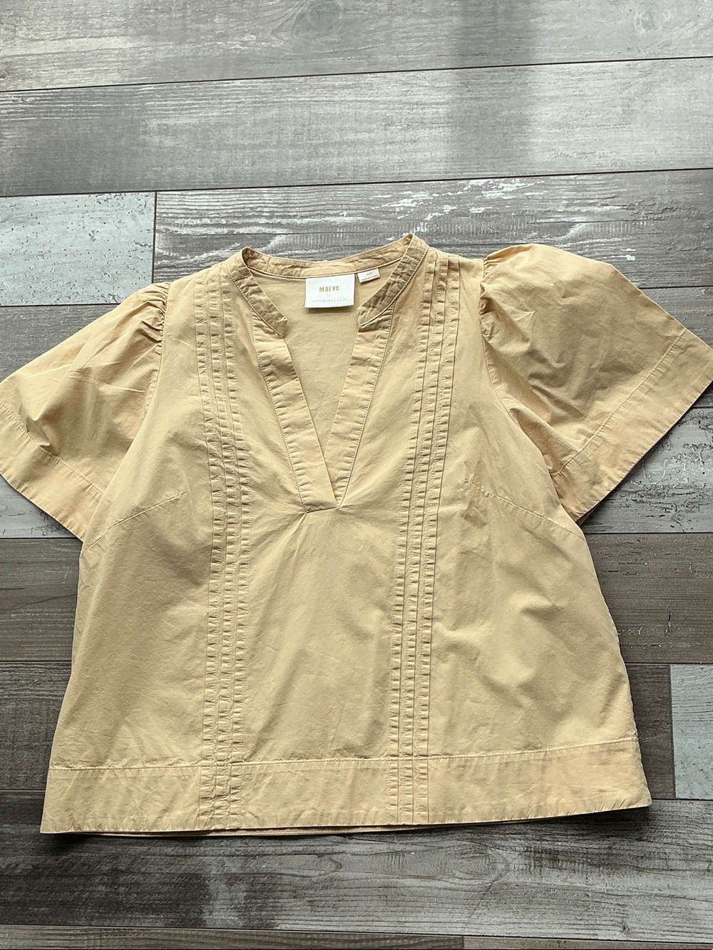 Anthropologie Mauve Tan Cotton Pintuck V-Neck Puff Sleeve Blouse
